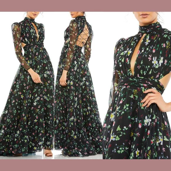 NWT $598 MAC DUGGAL [ 6 ] Chiffon Floral Hi Neck Puff Sleeve‎ Gown Black - Picture 2 of 16